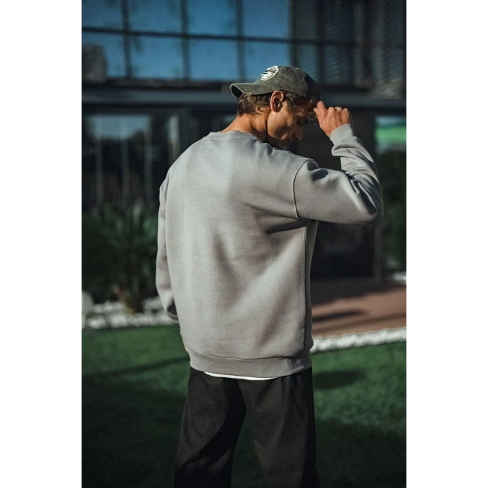 Kışlık Bisiklet Yaka Üç İplik Basic SweatShirt - Boyalı Gri -