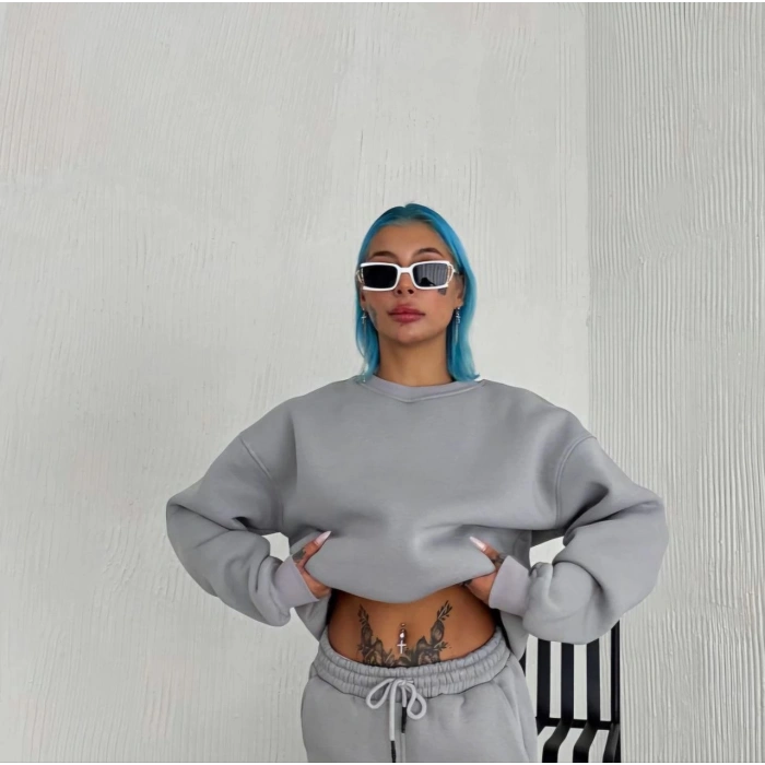 Kışlık Bisiklet Yaka Üç İplik Basic SweatShirt - Gri -