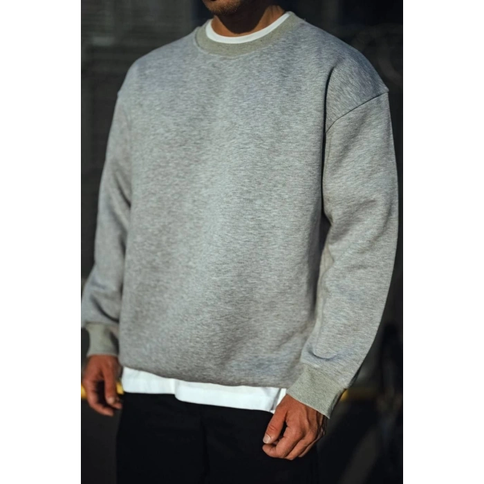 Kışlık Bisiklet Yaka Üç İplik Basic SweatShirt - Gri -