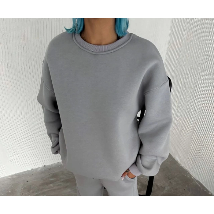 Kışlık Bisiklet Yaka Üç İplik Basic SweatShirt - Gri -