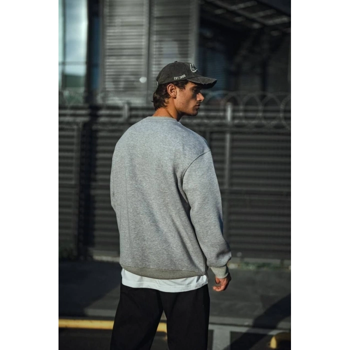 Kışlık Bisiklet Yaka Üç İplik Basic SweatShirt - Gri -