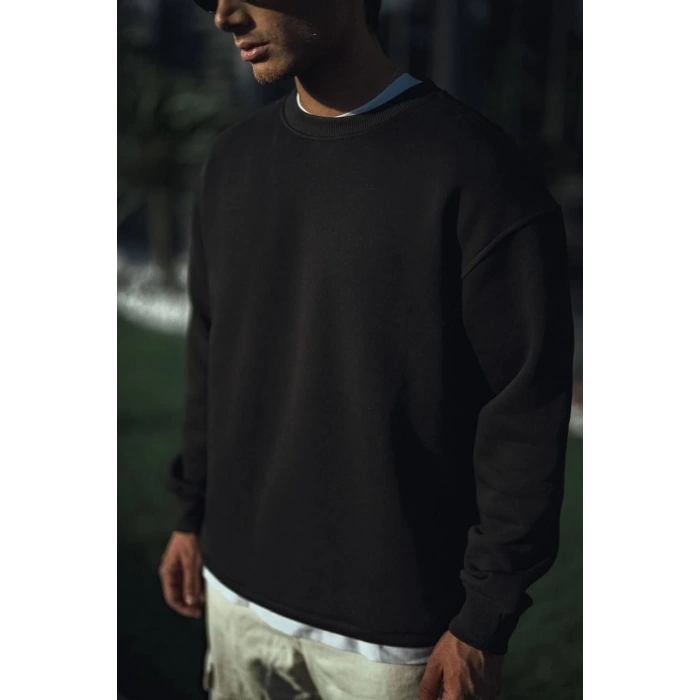 Kışlık Bisiklet Yaka Üç İplik Basic SweatShirt - Siyah -