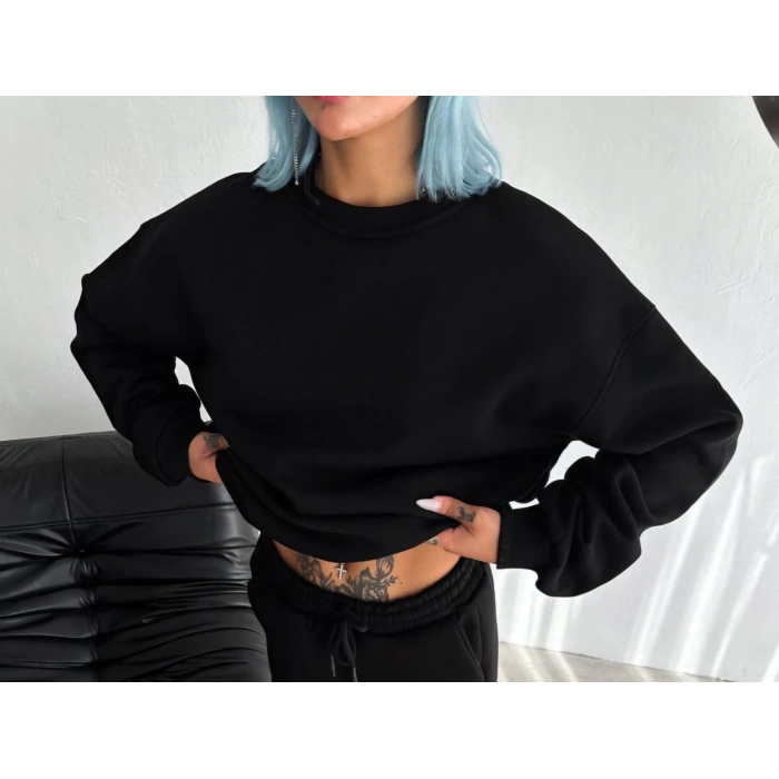 Kışlık Bisiklet Yaka Üç İplik Basic SweatShirt - Siyah -