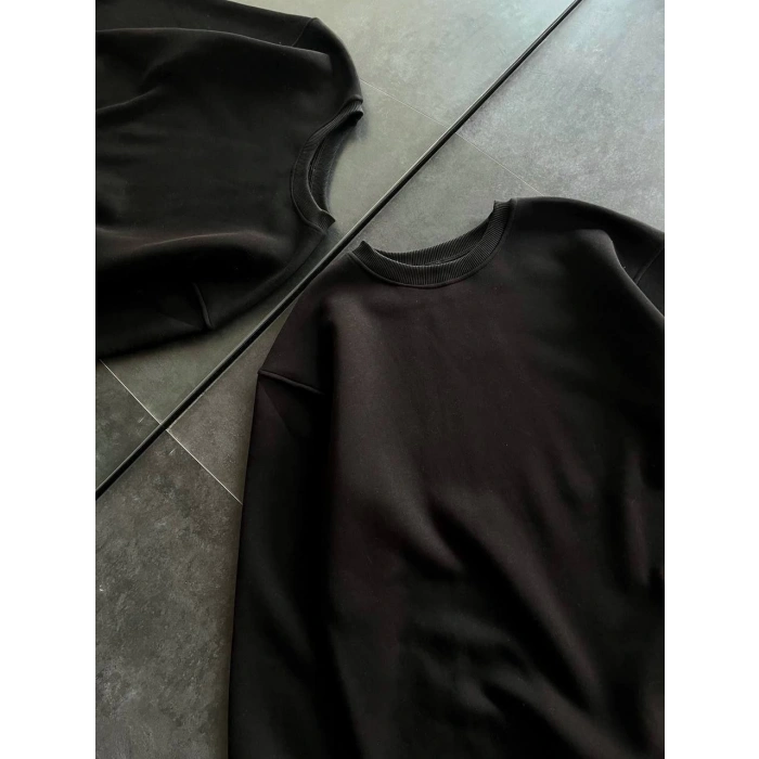 Kışlık Bisiklet Yaka Üç İplik Basic SweatShirt - Siyah -