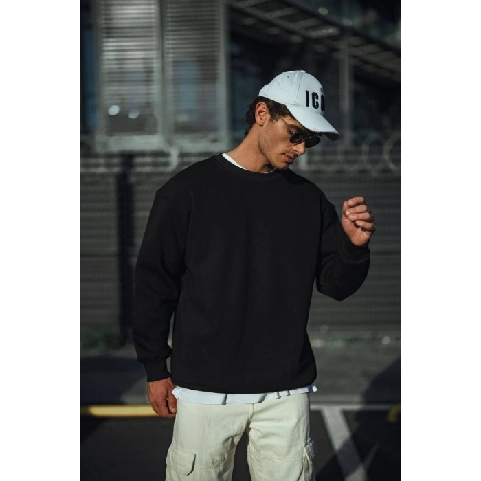 Kışlık Bisiklet Yaka Üç İplik Basic SweatShirt - Siyah -