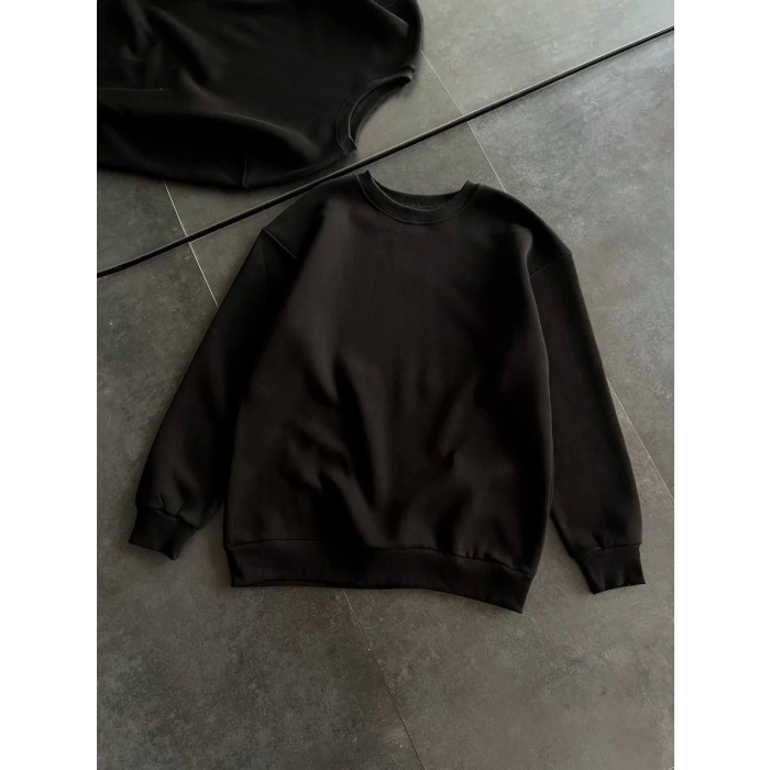 Kışlık Bisiklet Yaka Üç İplik Basic SweatShirt - Siyah -