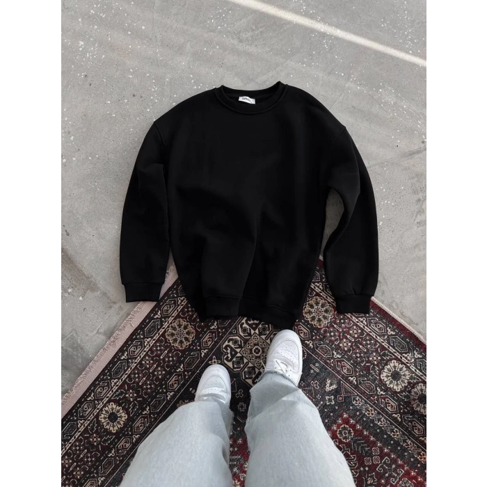 Kışlık Bisiklet Yaka Üç İplik Basic SweatShirt - Siyah -
