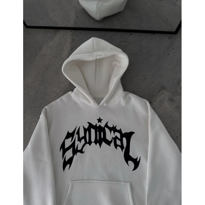 Kışlık Kapüşonlu Baskılı Oversize SweatShirt- Beyaz -