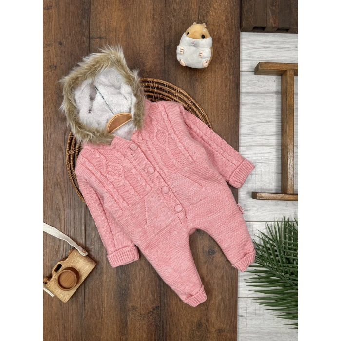 Kışlık Örgü Kapüşonlu Kız Bebek Tekli Tulum