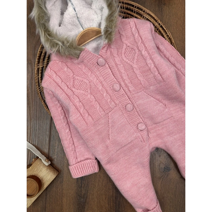 Kışlık Örgü Kapüşonlu Kız Bebek Tekli Tulum