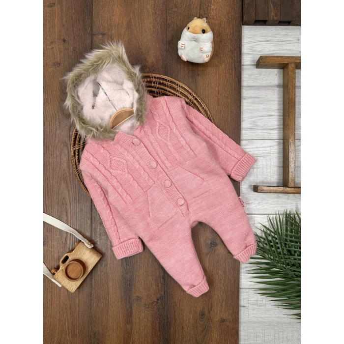 Kışlık Örgü Kapüşonlu Kız Bebek Tekli Tulum