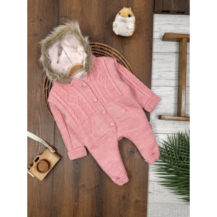 Kışlık Örgü Kapüşonlu Kız Bebek Tekli Tulum