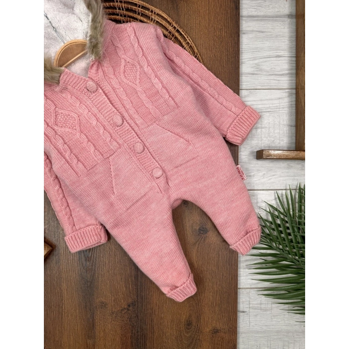 Kışlık Örgü Kapüşonlu Kız Bebek Tekli Tulum