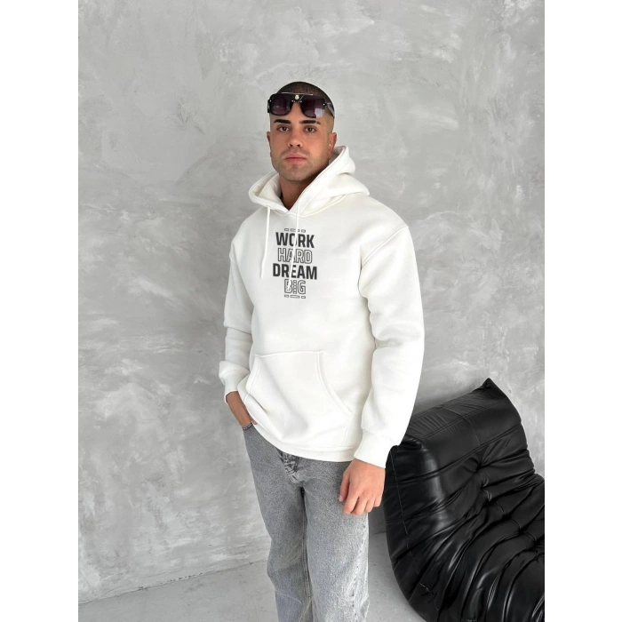 Kışlık Üç İplik Kapüşonlu SweatShirt - Beyaz -