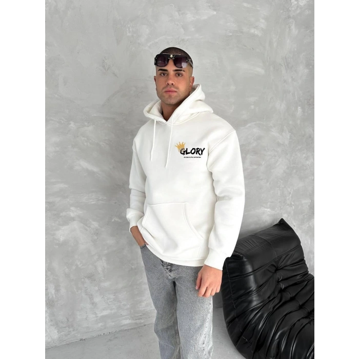 Kışlık Üç İplik Kapüşonlu SweatShirt - Beyaz -
