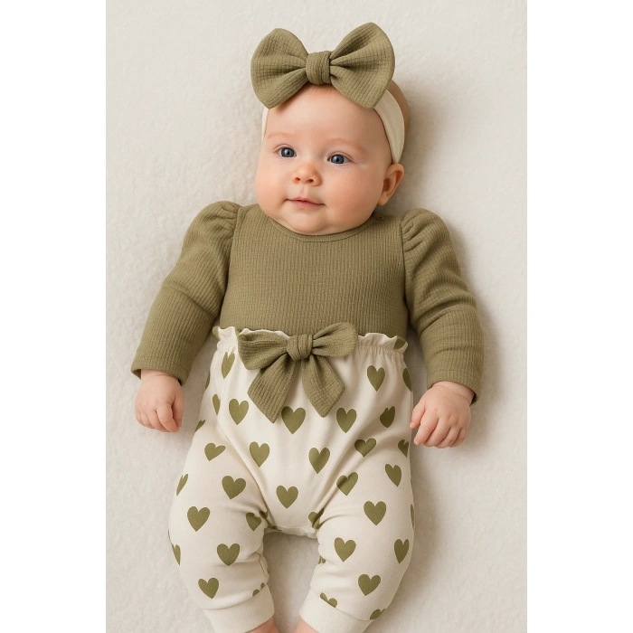 Kız Bebek Kalp Desenli Waffle Bandanalı 2li Tulum