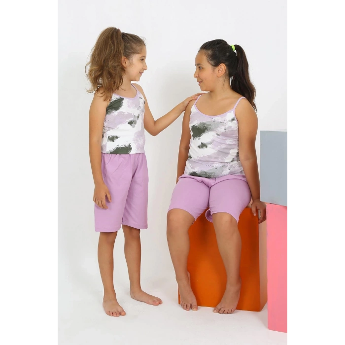 Kız Çocuk İp Askılı Şortlu Penye Lila Pijama Takım