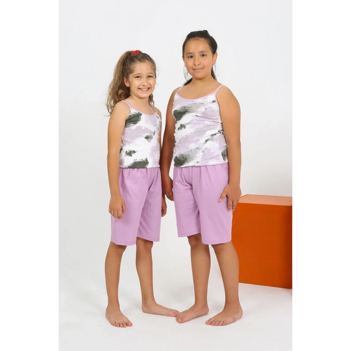 Kız Çocuk İp Askılı Şortlu Penye Lila Pijama Takım