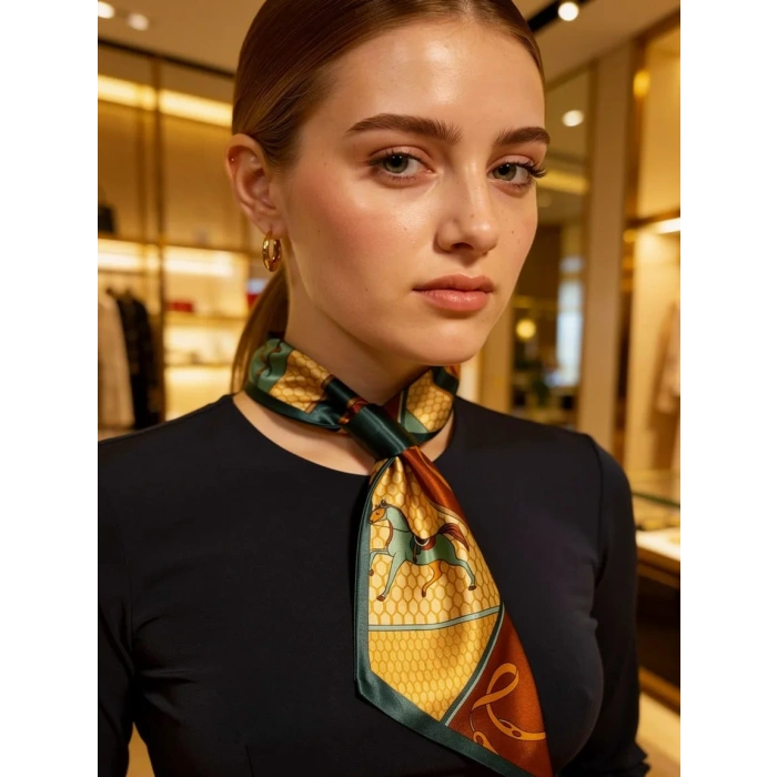 Klasik At Desenli Kadın Boyun Fuları,Minimal ve Şık Stil Kadın Boyun Fuları,Elbise Aksesuar