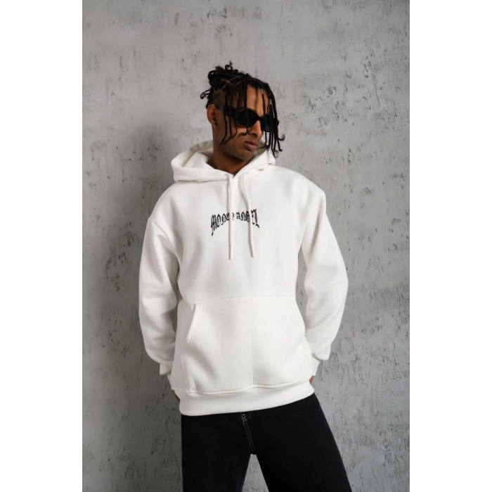 Kordon İpli Baskılı Kapüşonlu Sweatshirt - Beyaz -