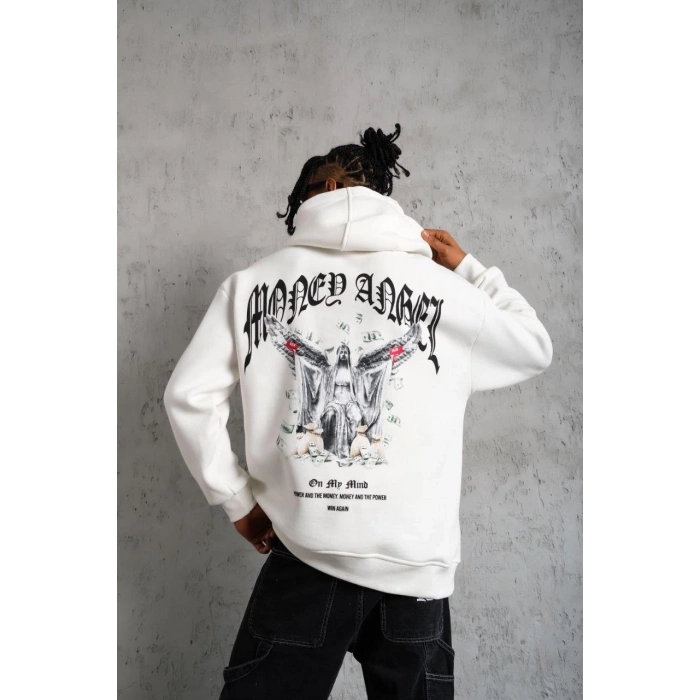 Kordon İpli Baskılı Kapüşonlu Sweatshirt - Beyaz -