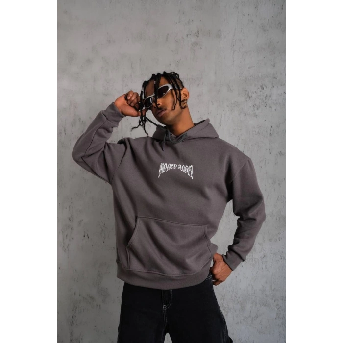 Kordon İpli Baskılı Kapüşonlu Sweatshirt - Füme