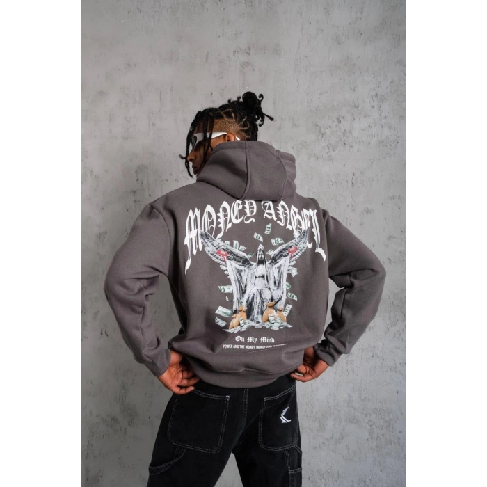 Kordon İpli Baskılı Kapüşonlu Sweatshirt - Füme