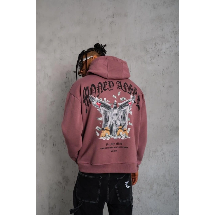 Kordon İpli Baskılı Kapüşonlu Sweatshirt - Gül Kurusu