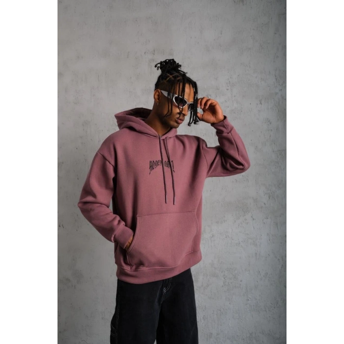 Kordon İpli Baskılı Kapüşonlu Sweatshirt - Gül Kurusu