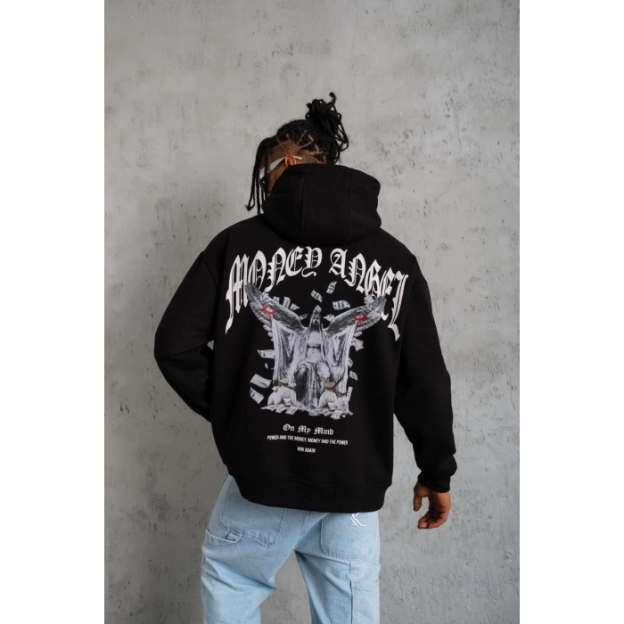 Kordon İpli Baskılı Kapüşonlu Sweatshirt - Siyah -
