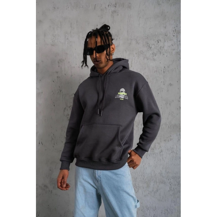 Kordonlu Maske Baskılı Kapşonlu Sweat - Gri