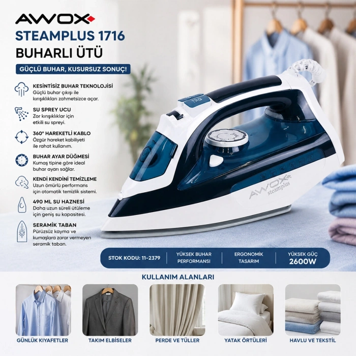 KOYU MAVİ - BEYAZ BUHARLI ÜTÜ SERAMİK TABAN - 360° HAREKETLİ KABLO - BUHAR AYARLAMA 2100W STEAMPLUS-1716 (4887)