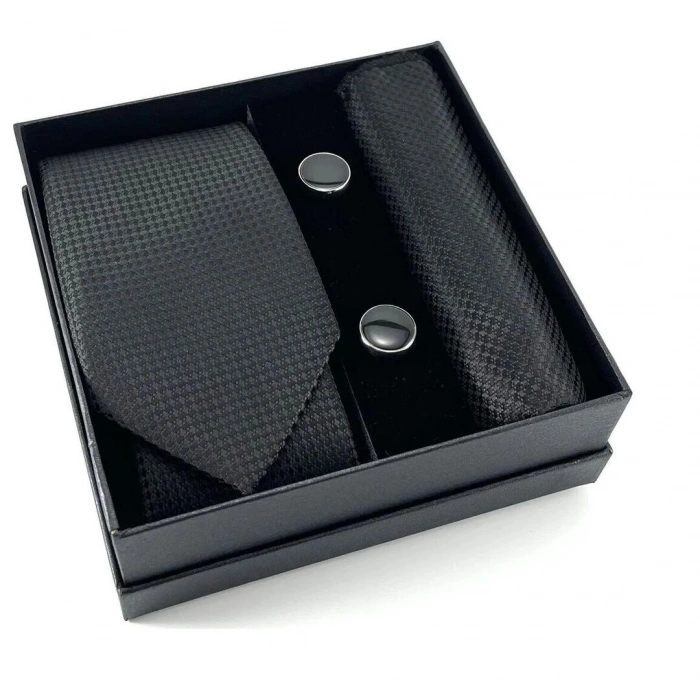 Kravat Düğme Set Siyah Desenli Kravat Mendil Kol Düğmesi Özel Set