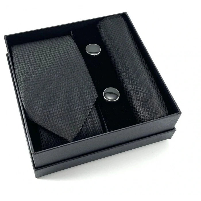 Kravat Düğme Set Siyah Desenli Kravat Mendil Kol Düğmesi Özel Set