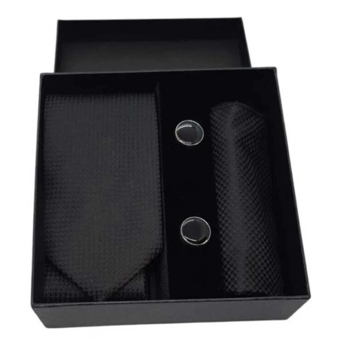 Kravat Düğme Set Siyah Desenli Kravat Mendil Kol Düğmesi Özel Set