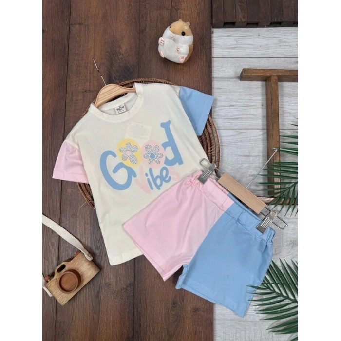 KREM BİSİKLET YAKA KISA KOLLU LASTİKLİ BEL KIZ ÇOCUK & BEBEK ALT ÜST TAKIM