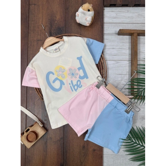 KREM BİSİKLET YAKA KISA KOLLU LASTİKLİ BEL KIZ ÇOCUK & BEBEK ALT ÜST TAKIM