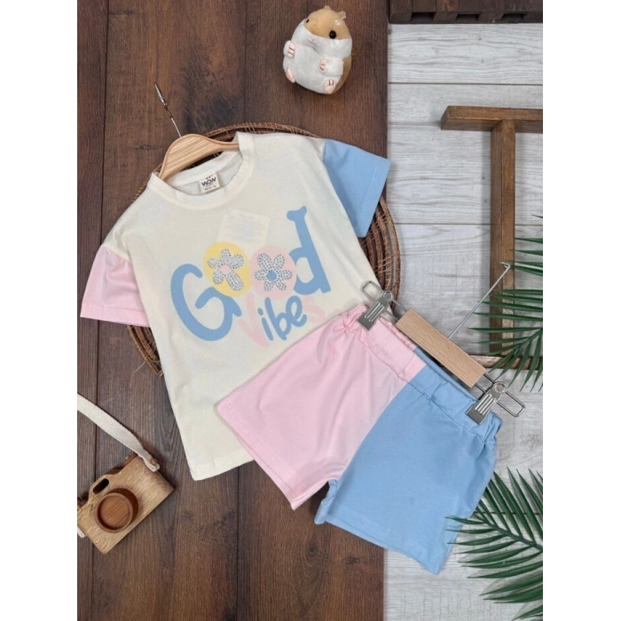 KREM BİSİKLET YAKA KISA KOLLU LASTİKLİ BEL KIZ ÇOCUK & BEBEK ALT ÜST TAKIM