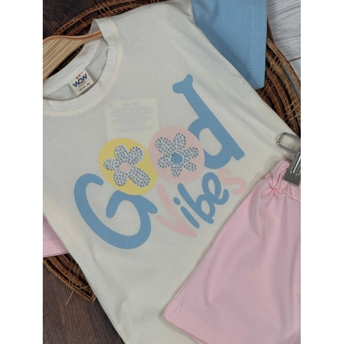 KREM BİSİKLET YAKA KISA KOLLU LASTİKLİ BEL KIZ ÇOCUK & BEBEK ALT ÜST TAKIM