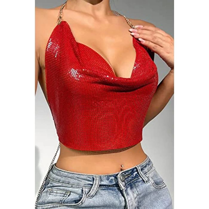 Kristal Kırmızı Taşlı Parlak Crop & Bluz Kolsuz Kayık Yaka Parti Plaj Büstiyer