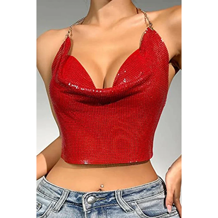 Kristal Kırmızı Taşlı Parlak Crop & Bluz Kolsuz Kayık Yaka Parti Plaj Büstiyer
