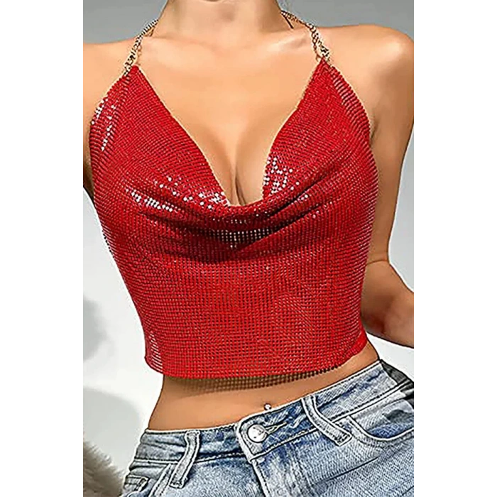 Kristal Kırmızı Taşlı Parlak Crop & Bluz Kolsuz Kayık Yaka Parti Plaj Büstiyer
