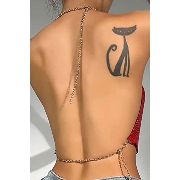 Kristal Kırmızı Taşlı Parlak Crop & Bluz Kolsuz Kayık Yaka Parti Plaj Büstiyer