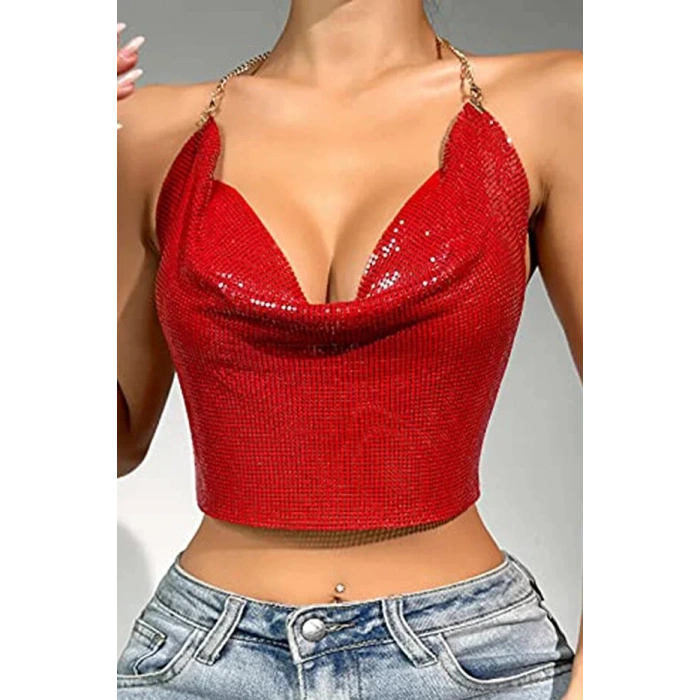 Kristal Kırmızı Taşlı Parlak Crop & Bluz Kolsuz Kayık Yaka Parti Plaj Büstiyer