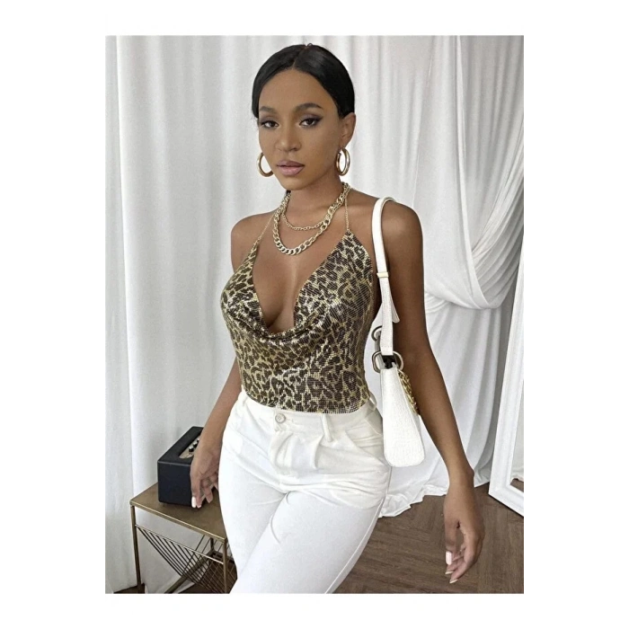 Kristal Leopard Taşlı Parlak Crop & Bluz Kolsuz Kayık Yaka Parti Plaj Büstiyer