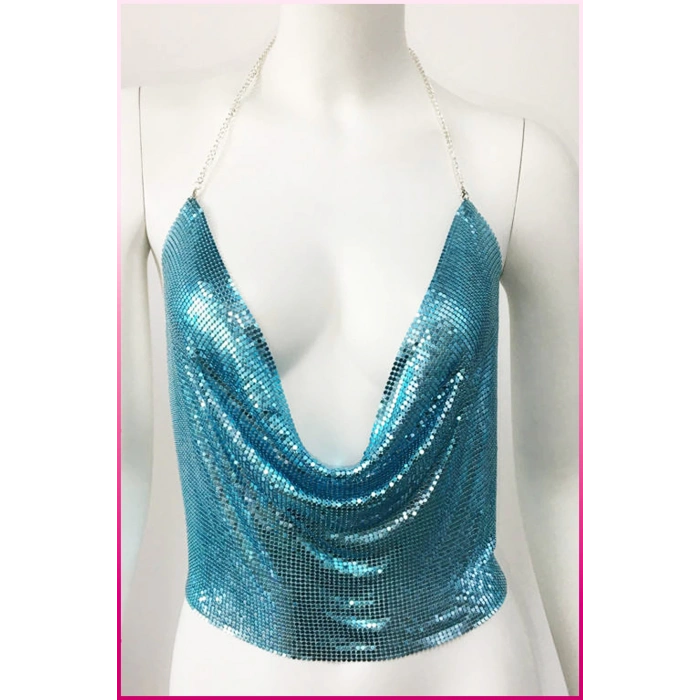 Kristal Mavi Taşlı Parlak Crop & Bluz Kolsuz Kayık Yaka Parti Plaj Büstiyer