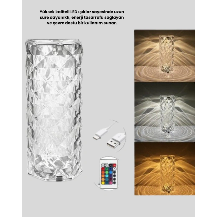 Kristal Rgb Led Masa Lambası – Renkli Kumandalı Işık Dekoratif Ve Enerji Tasarruflu