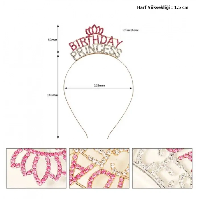 Kristal Taşlı Birthday Princess Yazılı Parti Tacı Pembe Renk