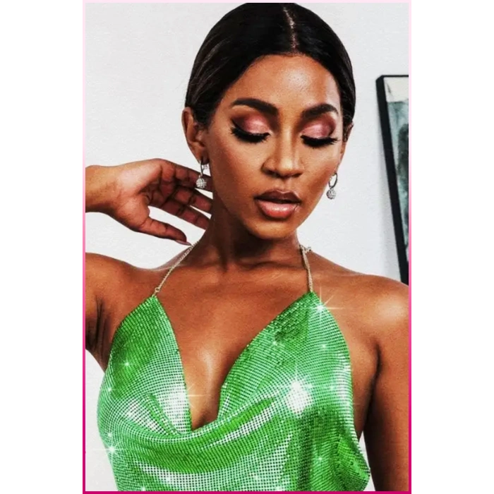 Kristal Yeşil Taşlı Parlak Crop & Bluz Kolsuz Kayık Yaka Parti Plaj Büstiyer