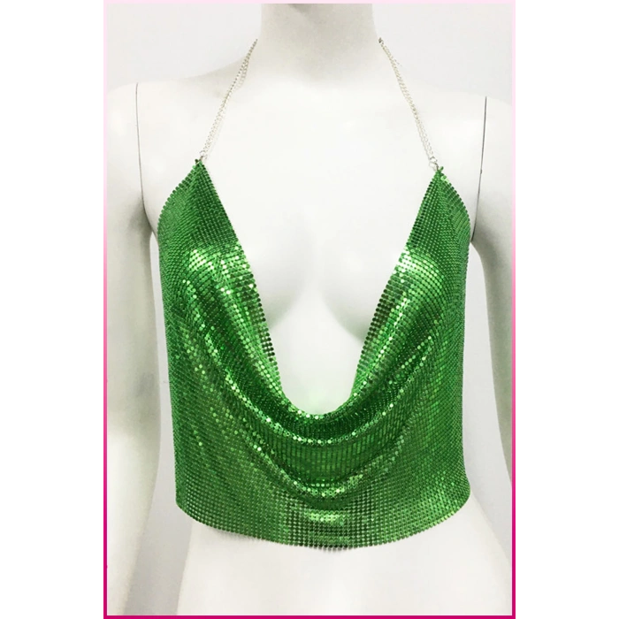 Kristal Yeşil Taşlı Parlak Crop & Bluz Kolsuz Kayık Yaka Parti Plaj Büstiyer